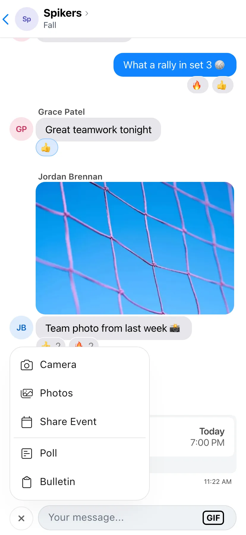 Spikers team chat with the + menu open above the message box, listing Camera, Photos, Share Event, Poll and Bulletin.