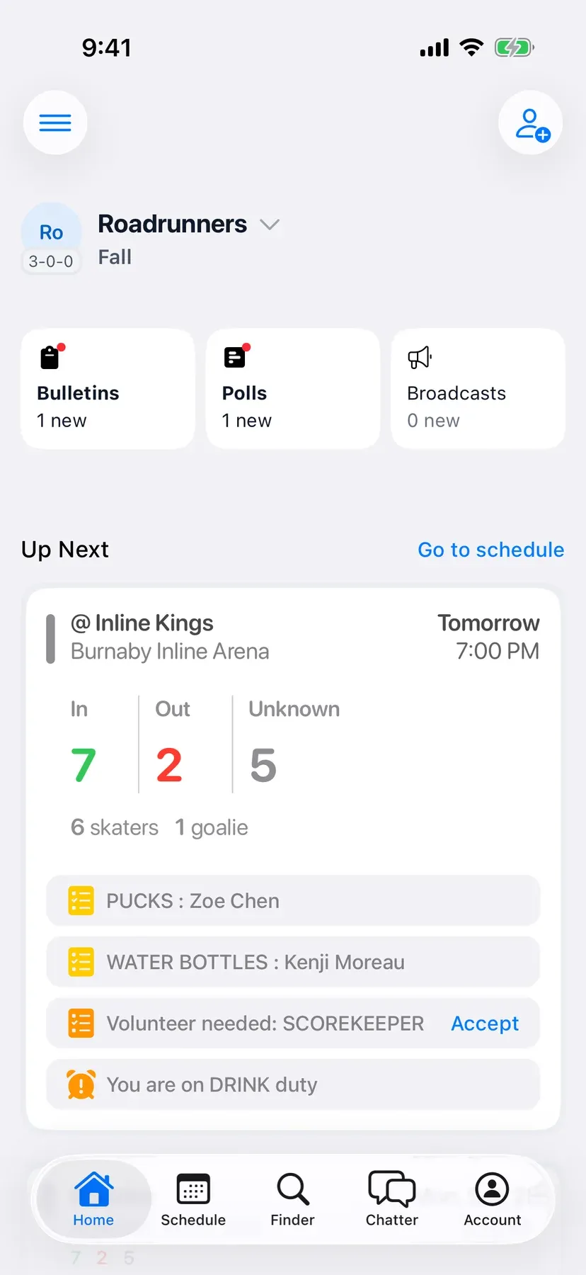 BenchApp team home screen with the next game and who's coming