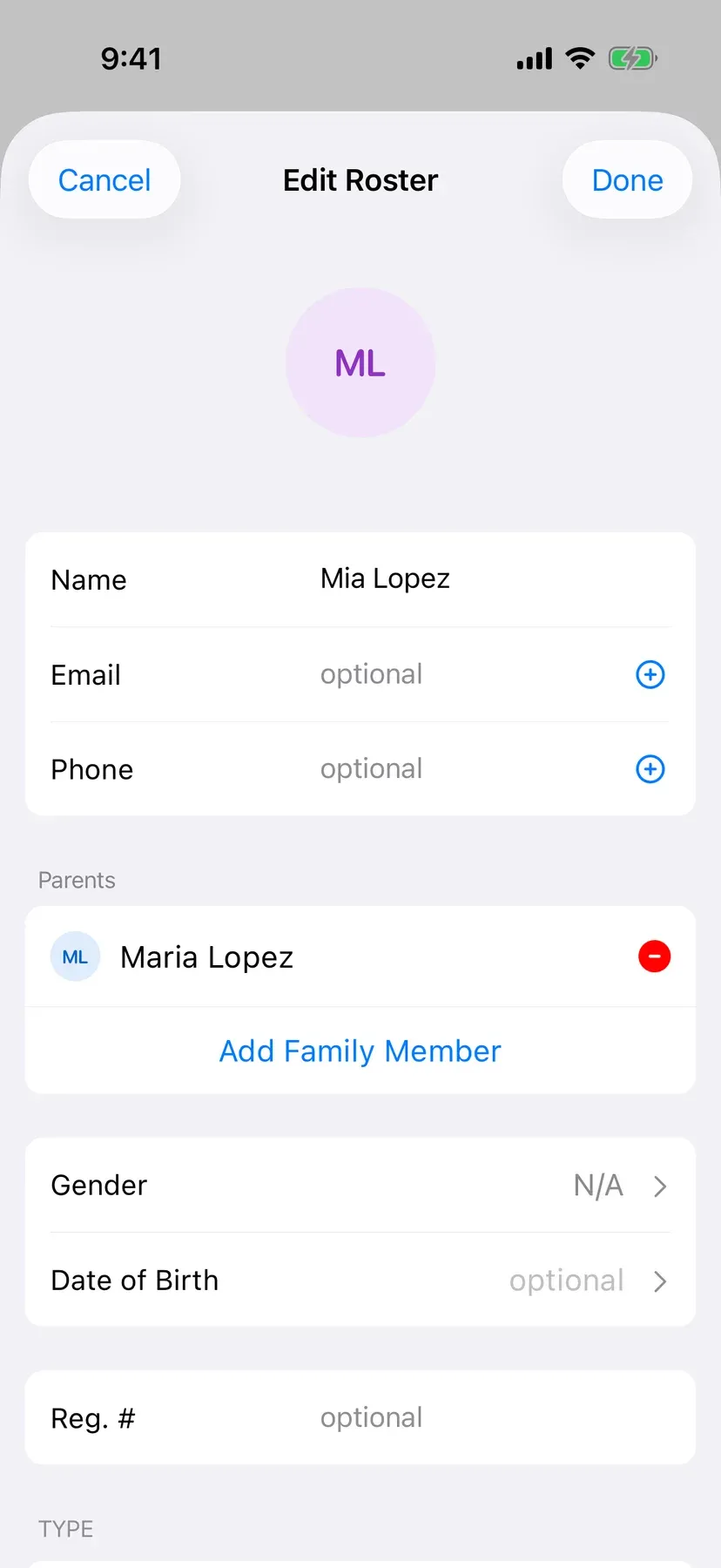 BenchApp on a phone: a child's profile with no email and their parent listed
